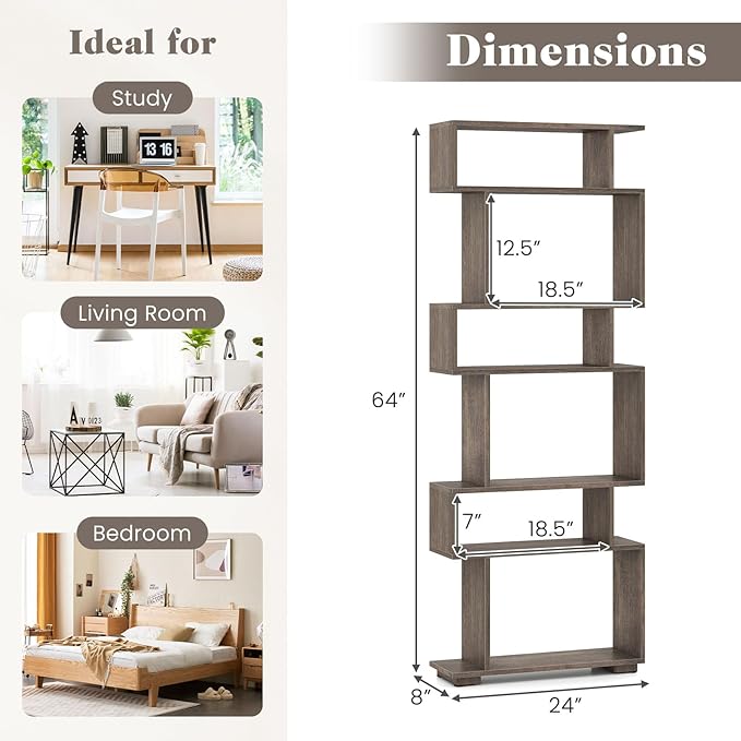 Giantex 6-Tier Geometric Bookshelves Set of 2, S-Shaped Bookcase with 2 Anti-Tipping Kits, Wooden Display Shelf, Decorative Storage Shelving Unit, Home Storage Organizer for Office Living Room