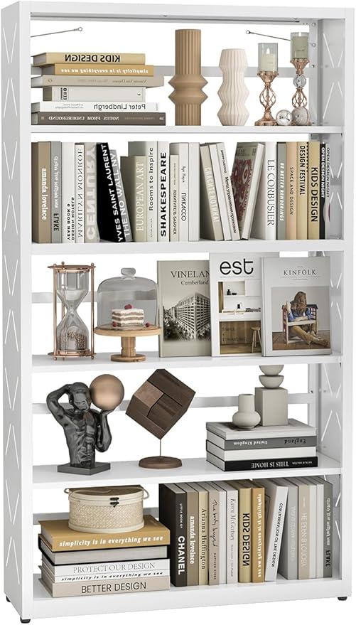 5 Tier Steel Bookshelf, Metal Bookcase with Adjustable Shelves for Home Office, Kitchen, Garage, Modern Storage Dispaly Shelves with Anti-Tip Protection, Heavy-Duty Home Storage Organizer - White