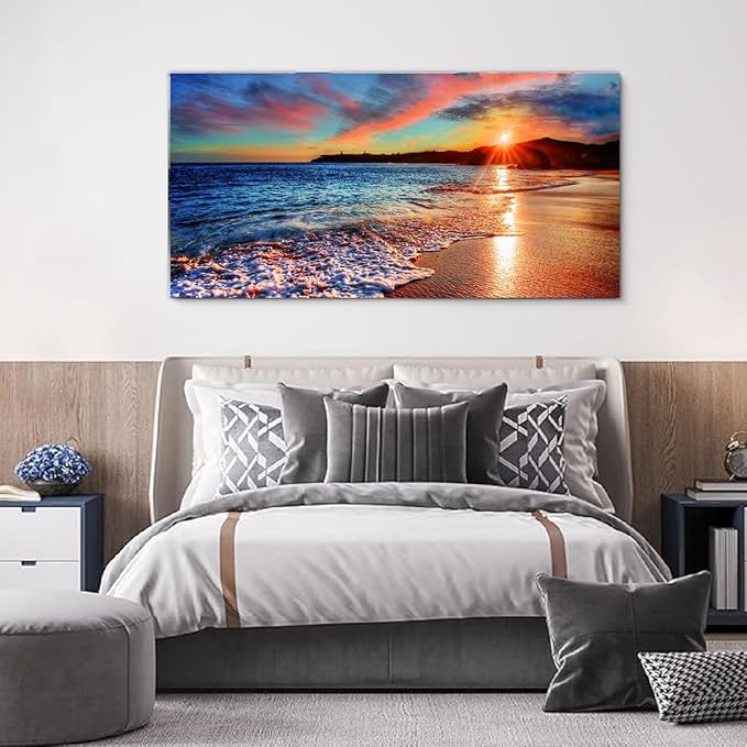Yxbhhym-Beach Wall Art Pictures for Living Room Ocean Canvas Wall Art Decor Bedroom Sunset Painting Coastal Artwork for Walls Seascape Print Sea Poster Modern Landscape Office Home Decorations