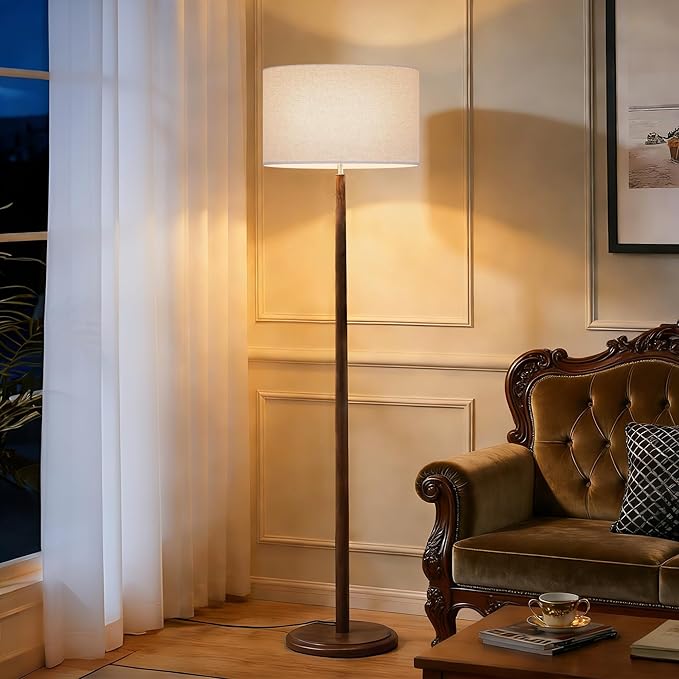 61" Rustic Walnut Wood Floor Lamp for Living Room, Retro Farmhouse Tall Lamp for Bedroom, Mid Century Standing Lamp with Linen Shade for Home Corner, Office, Dining Room, Bulb not Included, White