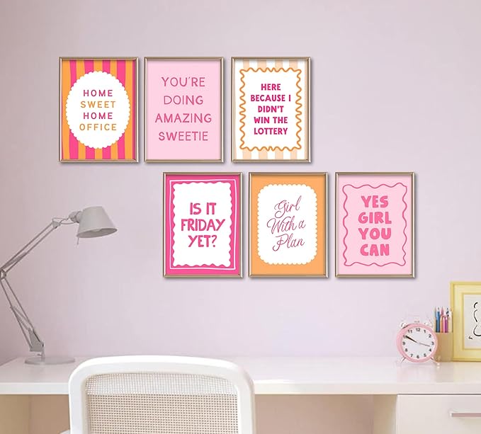 6Pcs Pink Inspirational Wall Art Contemporary Home Workspace Wall Decor Pictures Yes, you can Motivational Quotes Phrases Poster Prints for Bedroom Apartment Home Decoration 8x10inch unframed