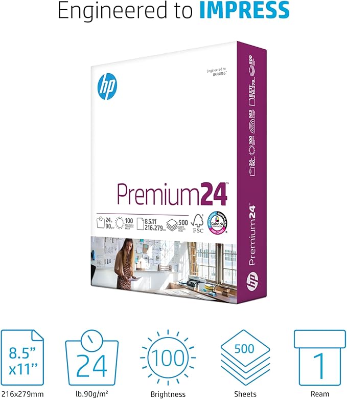 HP Printer Paper | 8.5 x 11 Paper | Premium 24 lb | 1 Ream - 500 Sheets | 100 Bright | Made in USA - FSC Certified | 112400R