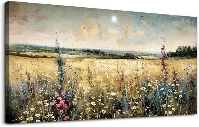 KELIYUAN Wall Art living Room Natural Field Landscape Painted Decor Vintage Meadow Wildflowers Modern Printed Artwork Bedroom Farmhouse Restaurant Office Home Decor Can Be Hung Directly 24x48 In