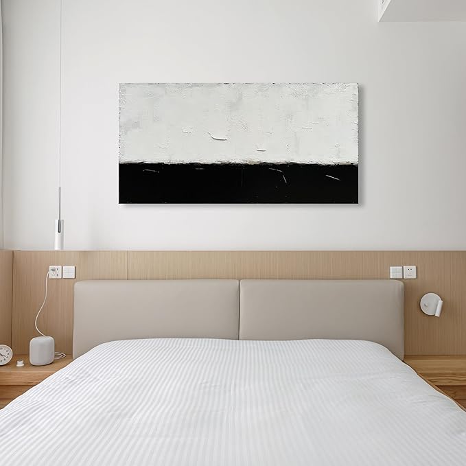 NANKAI Art Hand-painted Minimalist style oil painting, abstract black and white art, 24x48 inches. Contemporary home office wall decoration painting