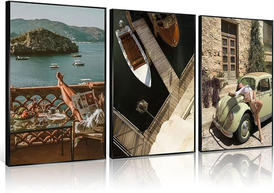 3Pcs Mediterranean Coastal Canvas Wall Art Vintage Italian Travel Photography Posters Prints Beach Vacation Lifestyle Pictures Wall Decor for Living Room Bedroom Office Home Decoration Unframed