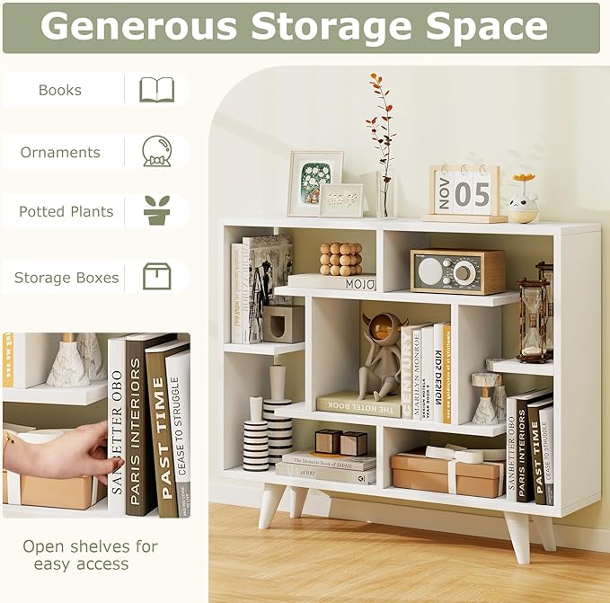 Tangkula Geometric Bookshelf, 3 Tier Modern Freestanding Open Bookcase with Anti-Tipping Devices & Legs, Home Office Decorative Storage Organizer Display Shelf for Living Room Study (White)