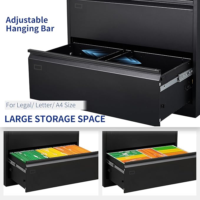 2 Drawer Filing Cabinet, Black Lateral File Cabinet with Lock, Lockable Metal File Cabinet for Home Office, Office File Cabinets for Legal/Letter/A4/F4 Size with Hanging Files&Key (Black(2 Drawer))