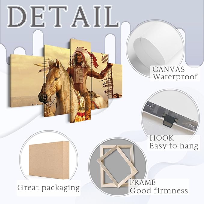 YOUHONG Native American Wall Art | Chief with Horse Design | 5-Panel Set with High-Definition Printing, Ready to Hang for Indian Home Decor, Native American Wall Decor, Size 60''W x 32''H