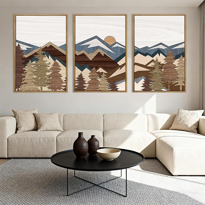 BINCUE Large Boho Mountain Canvas Wall Art Set of 3,Woodcut Sun Forest Canvas Wall Decor,Vintage Mountain Artwork Abstract,Pine Tree Landscape Painting for Living Room Bedroom Office 24x36 Inch Gift