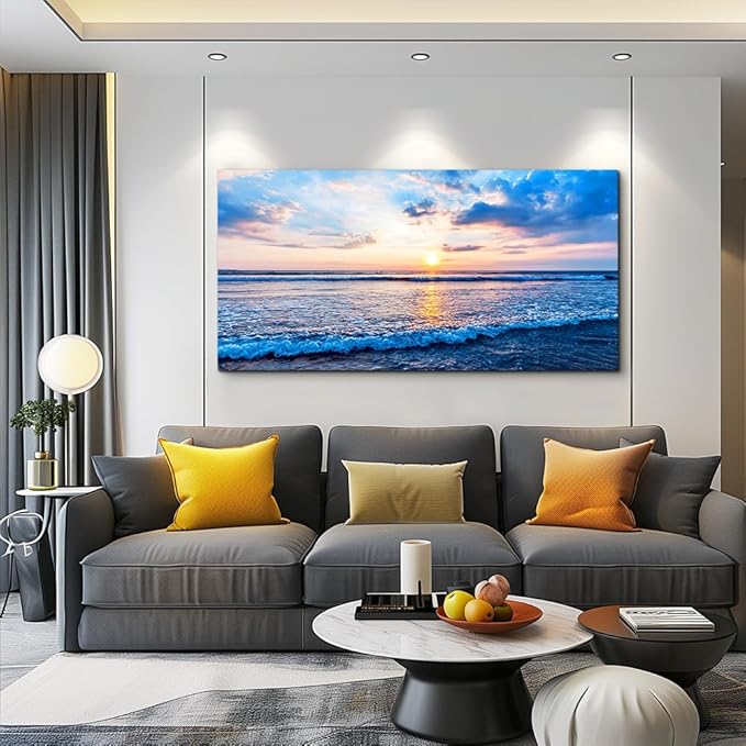 hyidecorart Ocean Wall Art for Living Room, Blue Wave and Large Coastal Beach Canvas Wall-Decor for Bedroom,Large Blue Artwork for Walls Gold Sun Scenery Pictures for Hallway Office Kitchen 30" x 60"