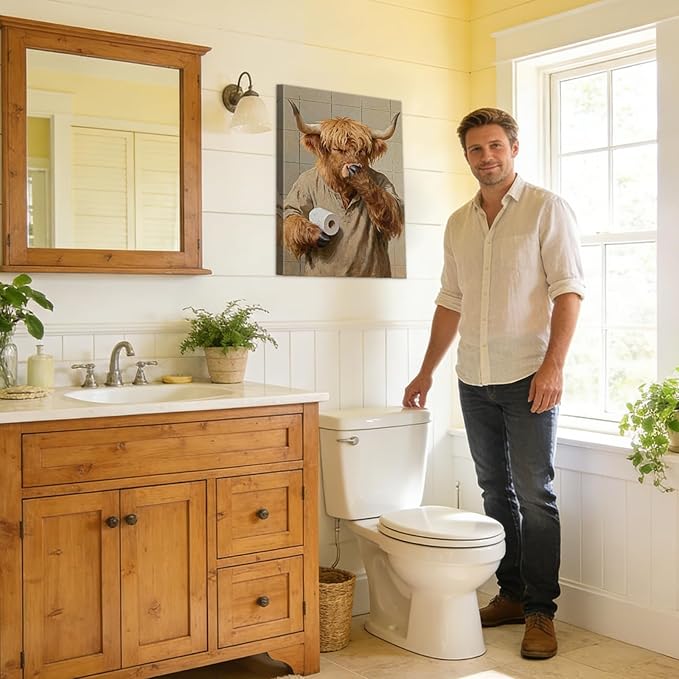 Funny Highland Cow Bathroom Decor Cow Holding Nose Bathroom Canvas Wall Art Posters Pictures with Wooden Frame, Lightweight Humorous Animals Wall Art Painting for Home Toilet Decor, 28x40 Inches