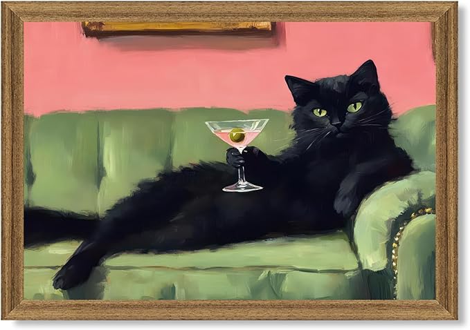 Fantasy Artists Humorous Black Cat Character Wall Art – Relaxed Anthropomorphic Illustration with Playful Attitude, Framed Canvas for Living Room, Office or Creative Space, 16W X 24H