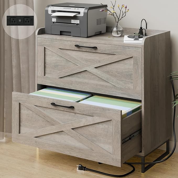 Lateral File Cabinet 2 Drawer File Cabinet with Charging Station for Legal/Letter/A4 Size Hanging Files, Modern Farmhouse Large Wood File Storage Cabinet for Home Office Furniture(Washed Gray)
