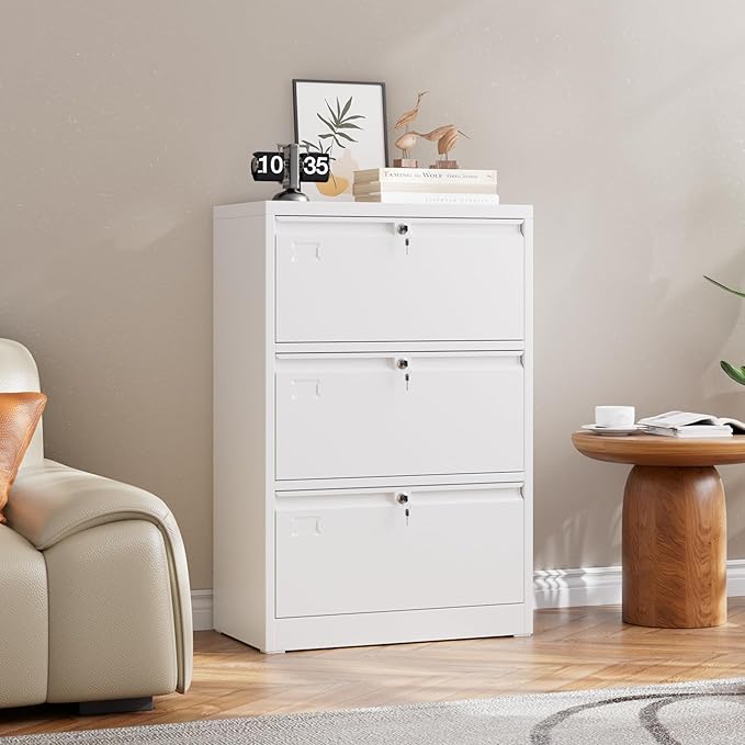 Metal Lateral File Cabinet with 3 Drawers,Wide Metal Filing Cabinet with Lock,Metal File Cabinet for Letter/Legal/A4, Assembly Required,White