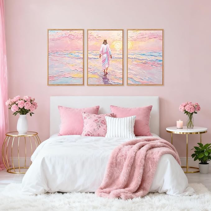 CHDITB Jesus Walking on Water Framed Canvas Wall Art(16"x24"), 3 Panels Colorful Abstract Christian Bible Story Faith LDS Artwork Prints, Large Religious Watercolor Boho Sunset Landscape Christ Gift Decor for Home Office Bedroom
