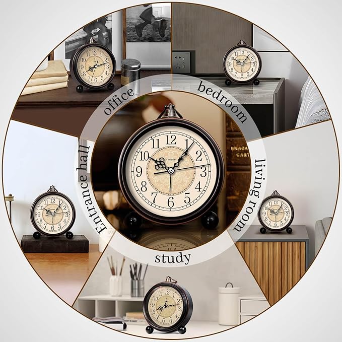 Vintage Analog Alarm Clock, 4.3" Silent Non-Ticking Quartz Desk Clock, Battery Operated Table Clock for Bedroom, Living Room, Office, or Gift