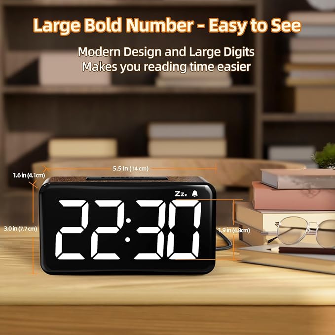 NOKLEAD Digital Alarm Clock: Wood Grain, 5.9-inch Large LED Display, Easy to Use for Seniors and Men, Adjustable Brightness, Aesthetic Room Decor Desk Clocks for Bedroom | Dorm | Living Room | Office