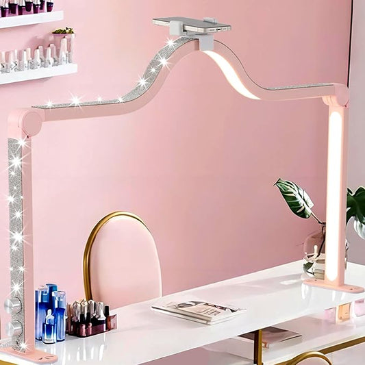 Upgraded Half Moon Light for Desk, Foldable LED Nail Tech Lamp, 3000-6000K Brightness Adjustable, Pink