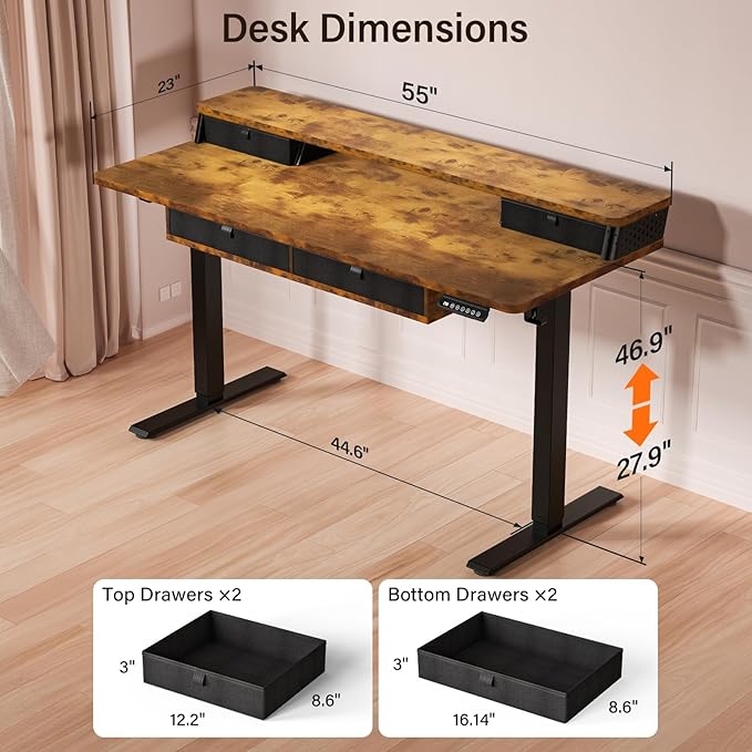 Kingant 55 x 24 Inch Electric Standing Desk with 4 Drawers, Height Adjustable Sit to Stand Computer Desk with Storage Shelf and C-Clamp Mount Compatibility for Home Office, Rustic Brown