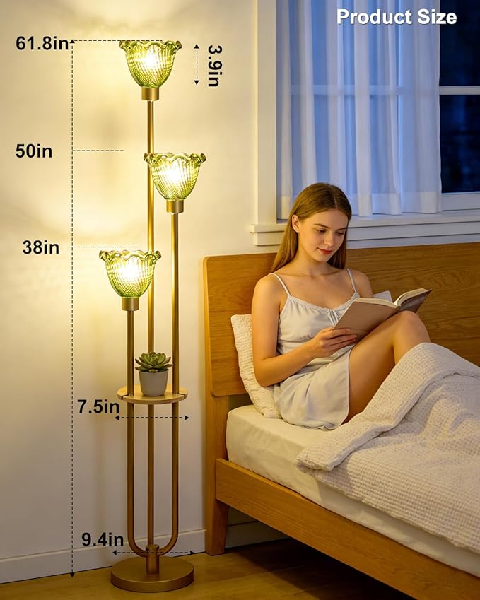 Lightdot Green Glass Floor Lamp for Living Room Dimmable Gold Floor Lamp with Glass Shade & 3000K Bulbs Included 3-Lights Modern Tall Standing Lamp for Bedroom/Sofa Beside/Corner Decor