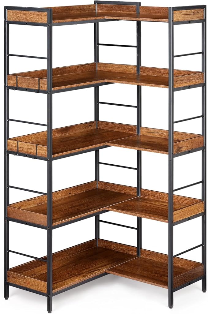 Garvee Bookshelf 5 Tier with 4 Hooks, Reversible Corner Bookshelf, 65" Industrial Wooden Bookcase with Open Shelves and Metal Frame for Living Room, Bedroom, Home Office, Rustic Brown