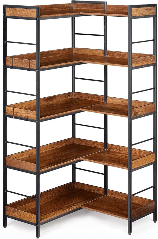 Garvee Bookshelf 5 Tier with 4 Hooks, Reversible Corner Bookshelf, 65" Industrial Wooden Bookcase with Open Shelves and Metal Frame for Living Room, Bedroom, Home Office, Rustic Brown