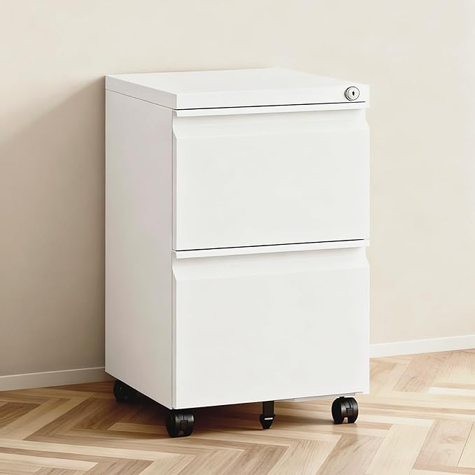 2 Drawer File Cabinet with Lock,Rolling Filing Cabinet with Wheels for Home Office,Under Desk Metal File Cabinet,Office Storage Organizer,White