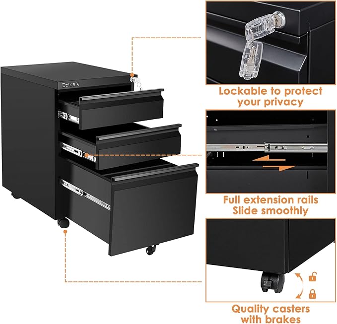 Rolling 3 Drawer File Cabinet with Lock, Black