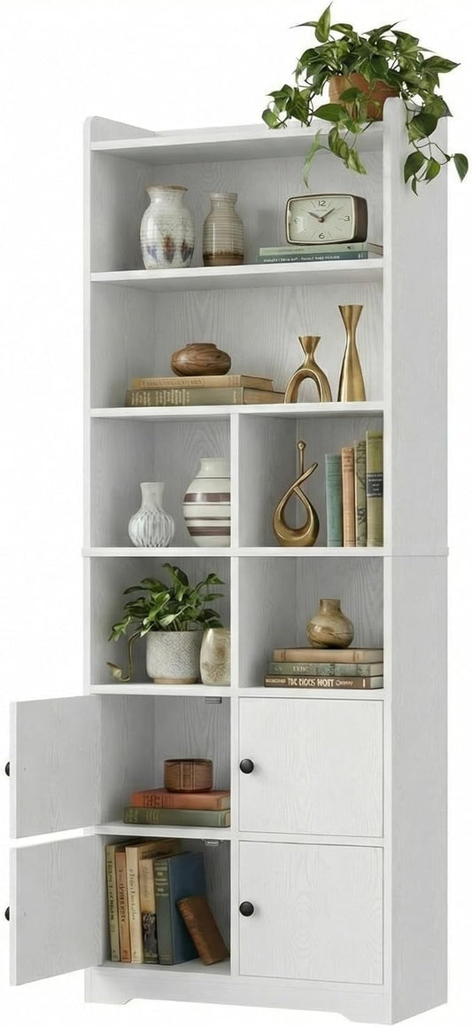 IRONCK Bookshelf with Doors, Book Shelf with Storage Shelves, 74.6 in Tall Bookcase for Home Office, Living Room, Bedroom, White