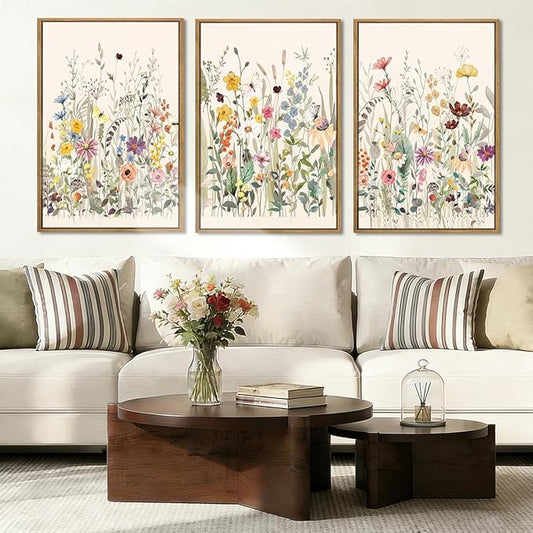BINCUE Floral Wall Art Colorful Wildflower Wall Decor Boho Flowers Wall Paintings Flower Artwork Framed Floral Artprints for Living Room Bedroom Farmhouse Home Decor 16x24 Inches Set of 3