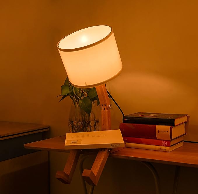 ELINKUME Robot Bedside Lamp, Fabric Lampshade Match Foldable Solid Wood Body, Creative E27 Screw Table Lamp for Bedroom Living Room