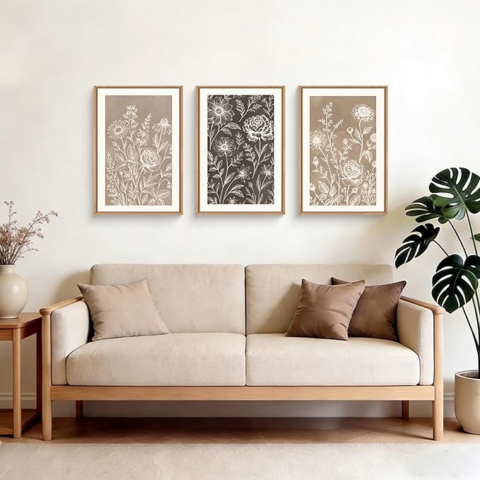 Neutral Boho Flower Framed Canvas Wall Art Set,Vintage Moody Rose Peony Daisy Wildflower Decor,Modern Natural Brown Black Floral Botanical Artwork for Living Room,Bedroom,Farmhouse-24 x36 x3