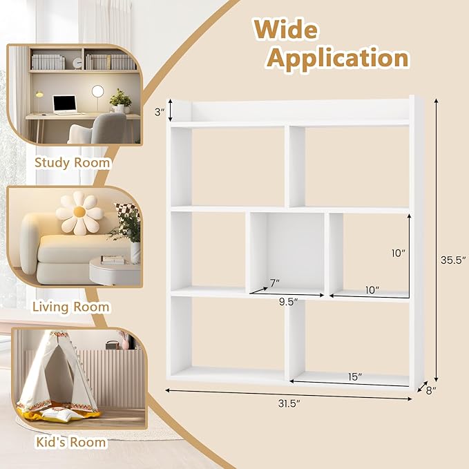 Tangkula 7-Cube Bookshelf, Floor Standing Open-Back Bookcase with Anti-Toppling Devices, Wooden Geometric Bookshelf, 4-Tier Storage Display Shelf for Living Room, Study, Office (1, White)