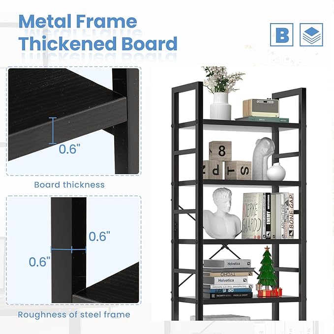 DUMOS 5 Tiers Bookshelf, Classical Book Shelf, Tall Display Shelves in Living Room/Home/Office, Storage Organizer for CDs/Books/Movies, Modern Black