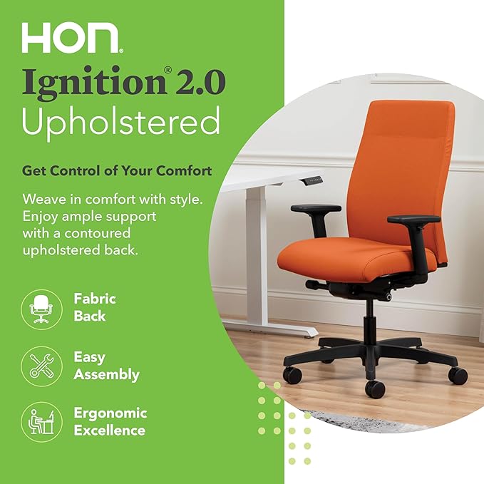 HON Ignition 2.0 Fabric Office Chair, Upholstered, Adjustable Arms, Advanced Synchro-Tilt Recline Executive Ergonomic Office Chair, Black Frame, Apricot