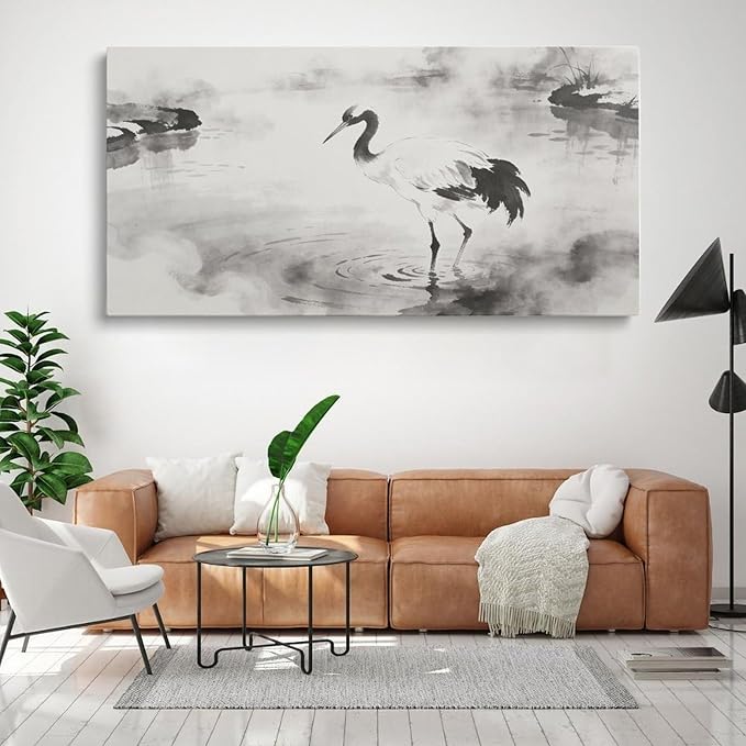 Black White Crane Framed Canvas Wall Art for Bathroom, Bird Wall Decor 48" L x 24" W