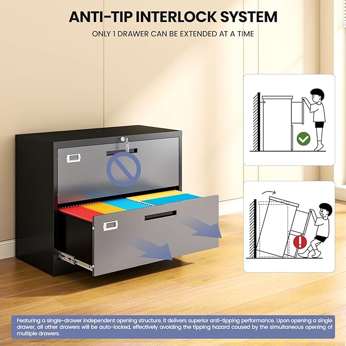 2 Drawer Locking Lateral File Cabinet, Wide&Deep Metal Filing Cabinet for Letter/Legal/A4/F4 Files, Includes Card Holder and Hanging Folders for Home Office, School, Business