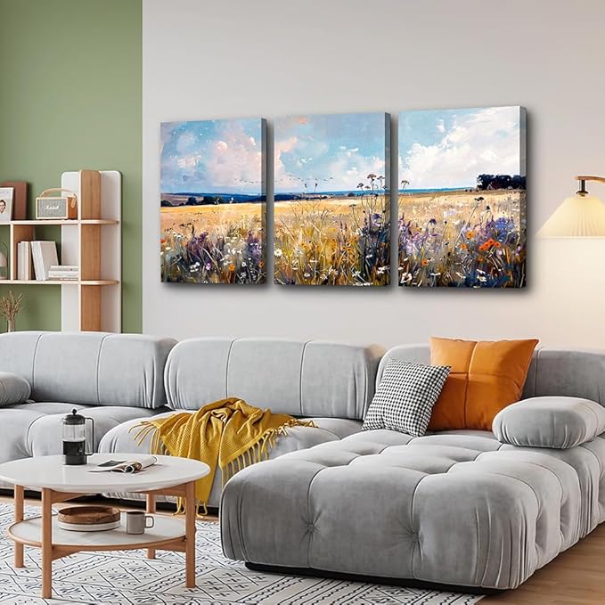 TTHYUEWS Large Wall Art for Living Room Canvas Decor for Bedroom Office - Modern Home Field Scenery Paintings Abstract Pictures Framed Prints Posters Artworks 3 Piece
