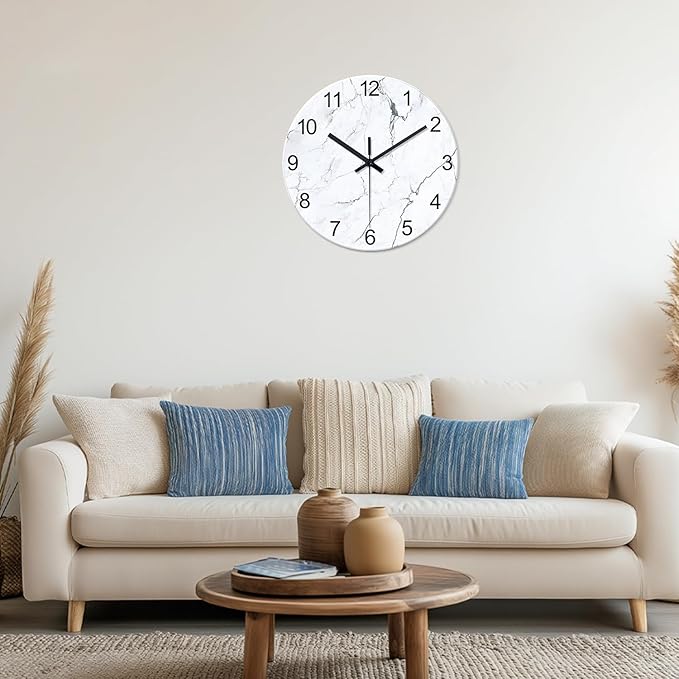 White Marble Glass Wall Clocks Battery Operated 12 Inch Abstract Decorative Analog Wall Clocks for Living Room Bedroom Office Silent Wall Clock Modern