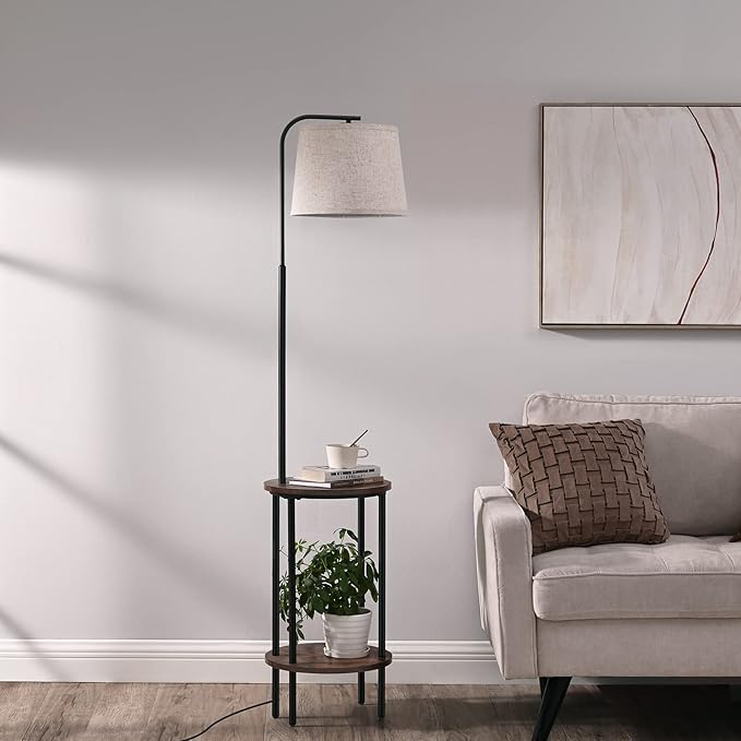 DEWENWILS Floor Lamp with Table Attached, Farmhouse Narrow Nightstand, Wooden End Side Table Floor Lamp, Adjustable Reading Lamp for Bedroom, Living Room, Office, Kids Room