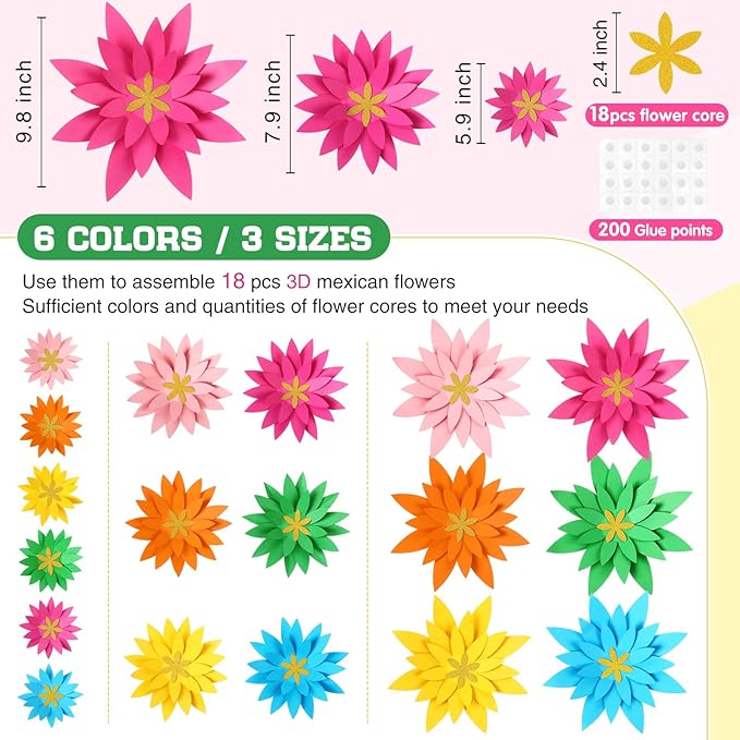 18 Pcs Paper Flowers Decor for Wall DIY Flower Bulletin Board 3D Spring Fiesta Mexican Paper Floral Decoration for Photo Backdrop Classroom Back to School Party(Star-Shaped,Rainbow)