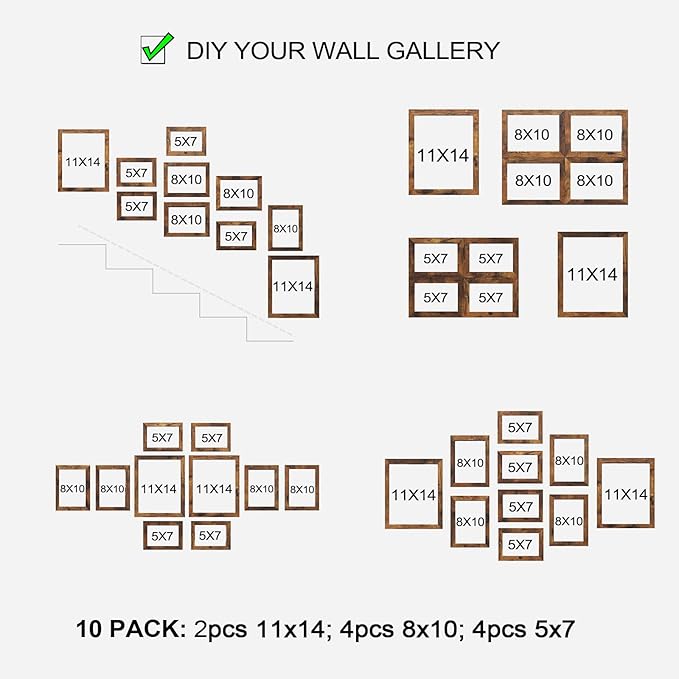 Pacome Picture Frames set with Two 11x14, Four 8x10, Four 5x7 Gallery Wall Frame Set, Collage Picture Frame,10Pack Farmhouse wood Photo Frames for living room Wall Gallery Decor or Desk,Black