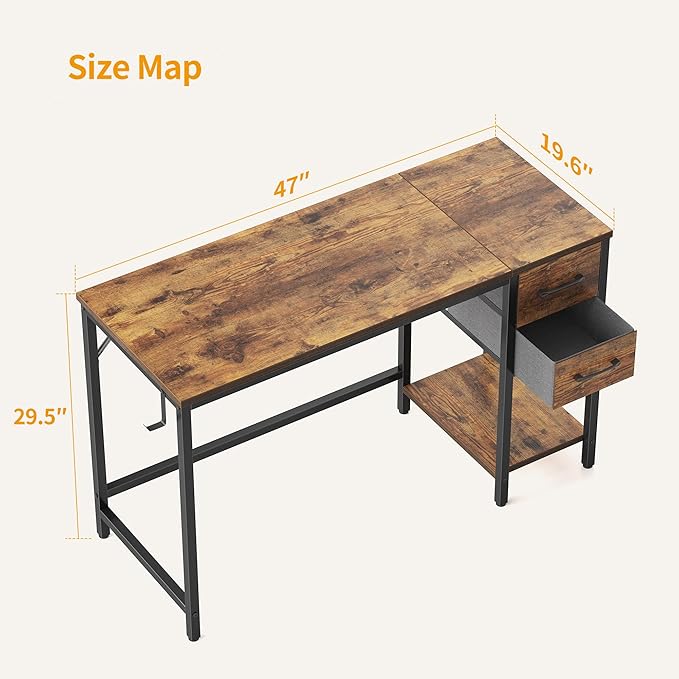 CubiCubi Computer Desk with 2 Drawers, 47 Inch Small Home Office Desk with Storage Study Writing Table, Rustic Brown