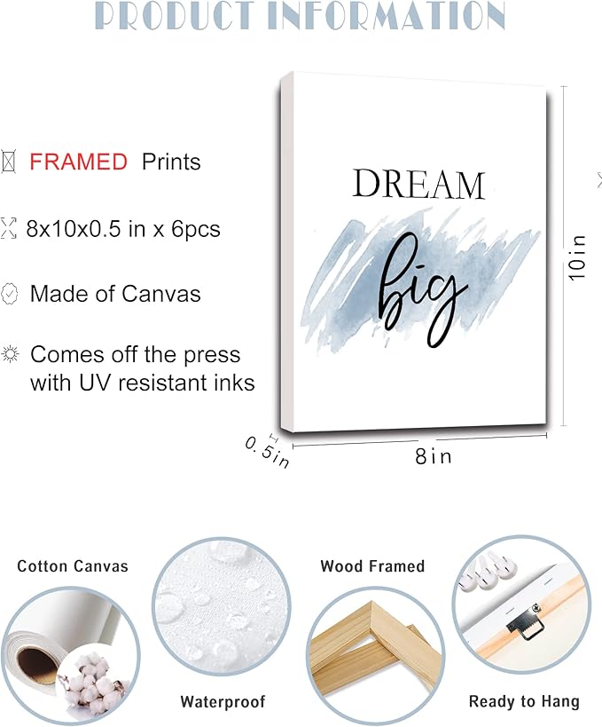 𝗗𝗿𝘀𝗼𝘂𝗺 Motivational Wall Decor Inspirational Office Wall Art Quotes Wall Art for Living Room Encouraging Canvas Posters for Office Bedroom Sayings for Wall Decor - 8” x10” x6 PCS (𝗙𝗿𝗮𝗺𝗲𝗱)