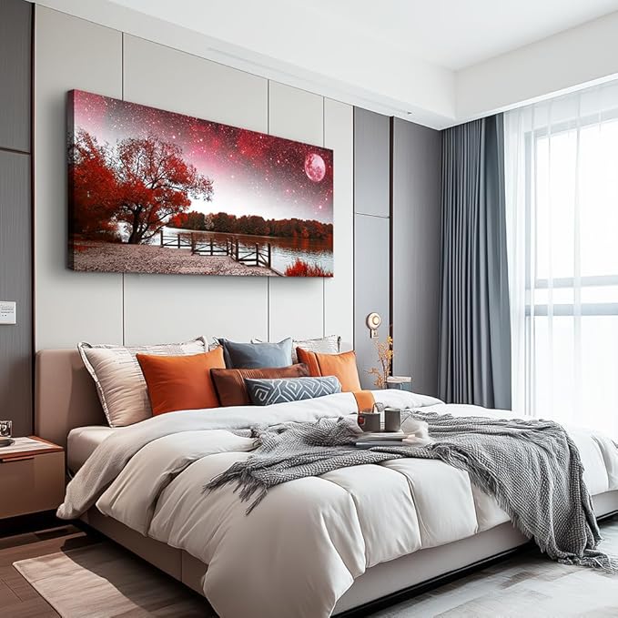 Print Artwork Wall Art Decor Poster for living room Red tree moon starry sky red landscape painting bathroom Wall Art for bedroom Canvas Prints Picture Works Ready to Hang Office Home decorations