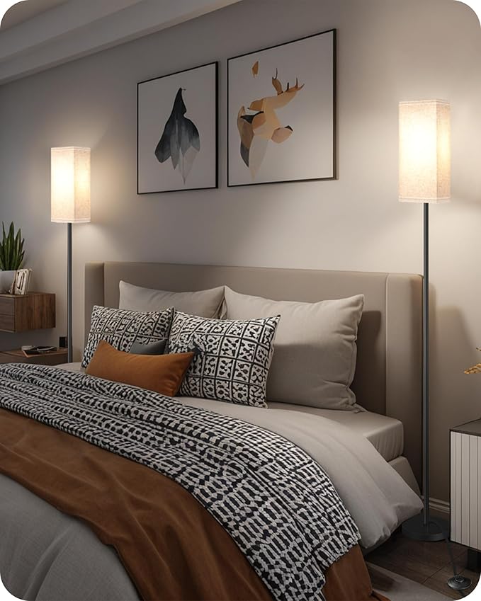 2 Pack Floor Lamp, Pole Lamp with Foot Switch, Modern Standing Lamp Lampshade, Minimalist Freestanding Lamp (Bulb Not Included), for Living Room, Bedroom Office, Black and Beige E07LDP205