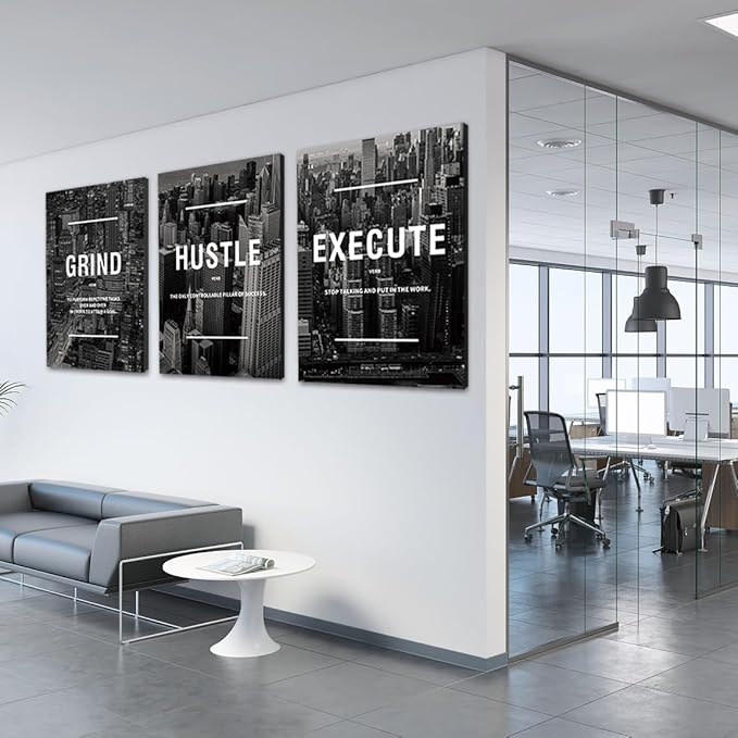 COSCTOR Set of 3 Motivational Wall Art Canvas for Office Workplace Garage Gym Living Room Bedroom Grind Hustle Execute Black and White Wall Decor Inspirational Quotes Posters for Paintings(Framed,12x16)