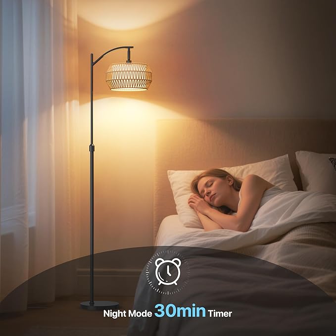 Arc Floor Lamps for Living Room with 3 Color Temperatures, Boho Farmhouse Floor Lamp with Remote & Dimmable RGB Bulb, Standing Lamp with Rattan & Fabric Shades, Adjustable Tall Lamp for Bedroom Office
