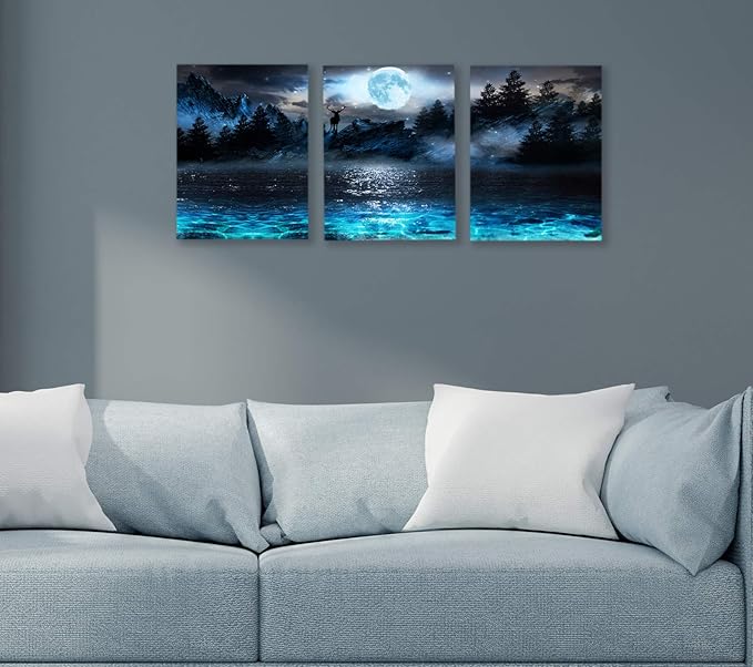 Wall Decorations For Living Room Moon Deer Ocean Landscape Picture Teen Room Decor Wall Art For Bedroom Modern Decor 3 Piece Framed Ready To Hang Moon Wall Art 3 Piece Wall Art Size 12x16 Each Panel