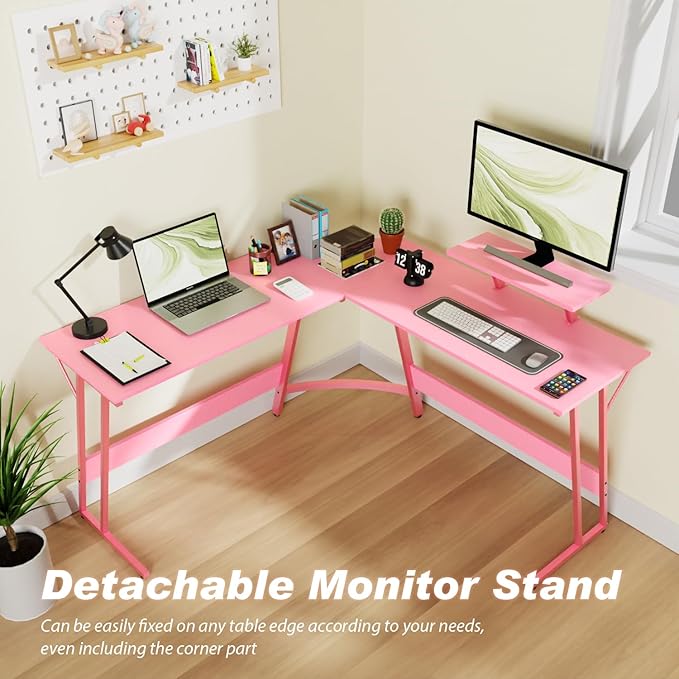PayLessHere L Shaped Gaming Desk Corner Desk Computer Desk with Large Desktop Studying and Working and Gaming for Home and Work Place,Pink